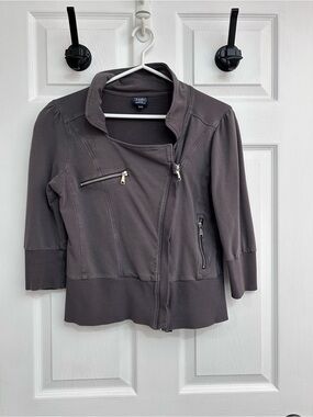 NYDJ Charcoal Gray Asymmetrical Zip Moto 3/4 Sleeve Sweater